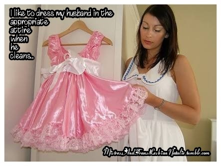 mistressandtranslesbiannatalie: So I bought him a pretty Sissy maids dress to match his pink cage an