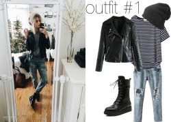 undelights:Get christiescloset&rsquo;s look for less! All at CHOIES♥Outfit #1:Black &amp; White Striped TeeBlack Leather JacketLight Blue Ripped Skinny JeansBlack Lace-Up BootsBeanieOutfit #2:Green V-neckSkirtFaux Fur Leopard VestBlack Lace-Up BootsOutfit