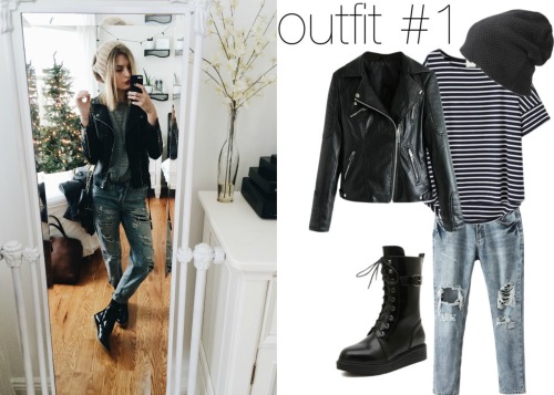 undelights:  Get christiescloset’s look for less! All at CHOIES♥Outfit #1:Black & White Striped TeeBlack Leather JacketLight Blue Ripped Skinny JeansBlack Lace-Up BootsBeanieOutfit #2:Green V-neckSkirtFaux Fur Leopard VestBlack Lace-Up BootsOutfit