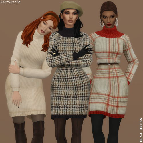 candysims4: ELSA DRESSA cozy dress with wool texture and a belt, perfect for winter/fall outfits.Com