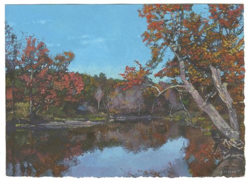 “Medomak River, 10/10/20”, 5”x7”, ink and gouache in 140lb Arches Hot Press paper, available in my s