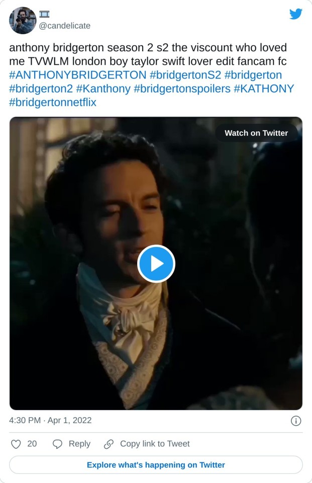 anthony bridgerton season 2 s2 the viscount who loved me TVWLM london boy taylor swift lover edit fancam fc #ANTHONYBRIDGERTON #bridgertonS2 #bridgerton #bridgerton2 #Kanthony #bridgertonspoilers #KATHONY #bridgertonnetflix pic.twitter.com/3hZr9DEZbM — ️ (@candelicate) April 1, 2022