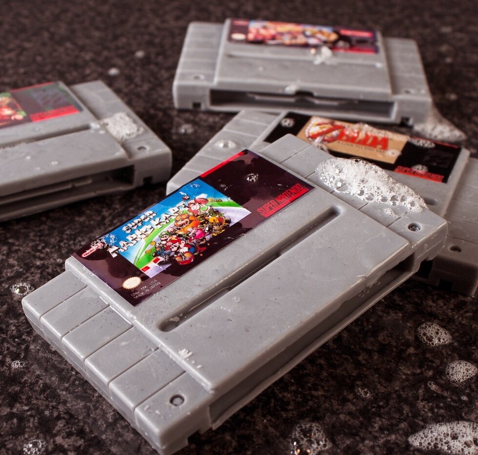 isquirtmilkfrommyeye:  These are all bars of soap made to look like Nintendo game