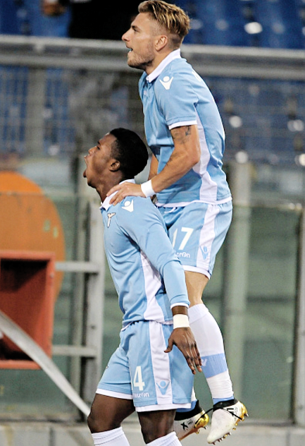 Ciro Immobile and Balde Keita celebrate scoring the opening goal for S.S. Lazio against Cagliari