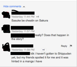 fandomqueenishere:  So today, a few hours ago, I saw this comment on a Sasuke post and decided to call them out on it, politely asking them if they could show me where this is mentioned.The response, I almost burst out laughing at. Someone who hasn’t