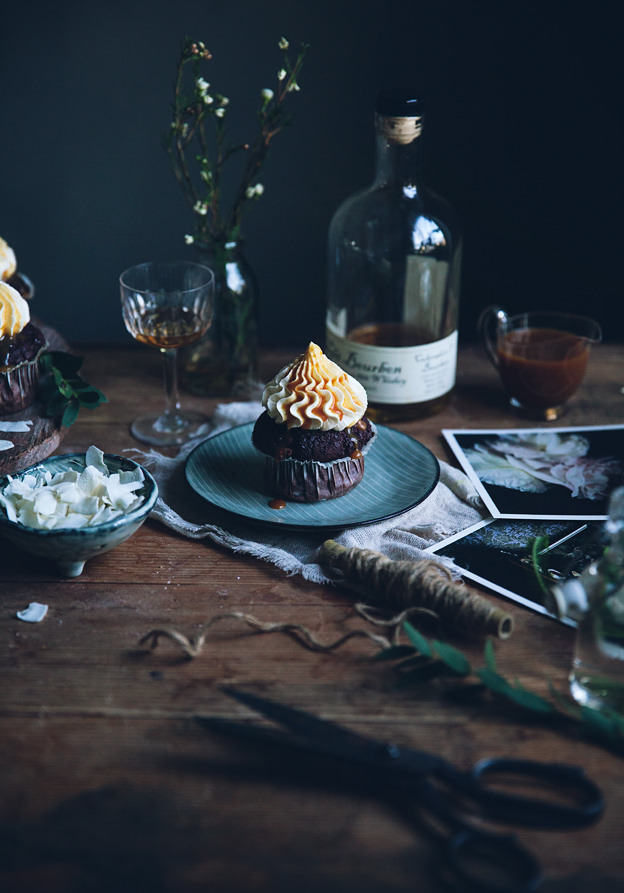 sweetoothgirl:  DOUBLE CHOCOLATE BANANA MUFFINS WITH MASCARPONE FROSTING AND BOURBON