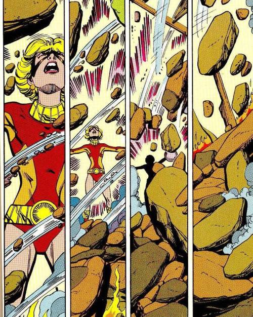 Four comic panels showing Terra, a blonde girl, as she causes rocks to fall from the cave ceiling, collapsing around her. By the fourth panel she disappears completely, crushed under the rocks.