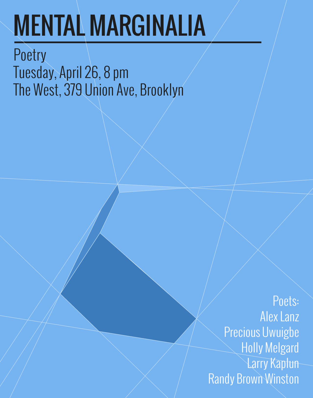 Celebrating National Poetry Month fashionably late!–next Mental Marginalia reading is Tuesday, April 26 at 8pm at the West in Brooklyn!
The lineup:
Alex Lanz
Precious Uwuigbe
Holly Melgard
Lawrence Kaplun
Randy Brown Winston
Alex Lanz’s prose has...