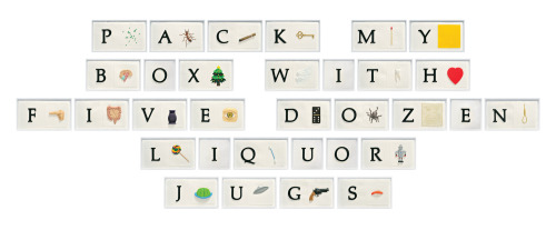 museumuesum:  John BaldessariABC Art (Low Relief): A/Ant, etc., (keyboard), 2009, Mixografia print on handmade paper in 26-parts, 12 x 23 x 1 inches each, 44 x 259 inches overallABC Art (Low Relief), Part ll: Pack My Box With Five Dozen Liquor Jugs, 2010,