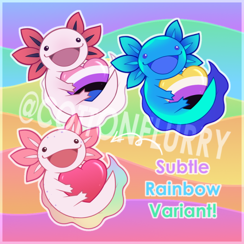 Happy Pride Month everyone!Axolotl pride 3″ matte stickers are officially up for the entire mo