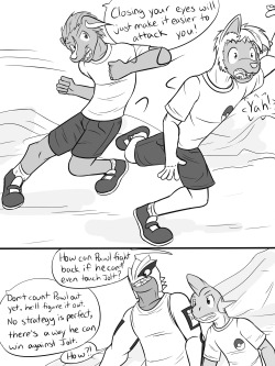 Pokemon Combat Academy, pg 38-39Hey, looks like Gao woke up and is watching alongside Headmaster Gordon, getting knocked out by a rookie class isn’t as bad as it looks.  But, Jolt seems to have the upper hand, or does Pawl have a strategy to counter