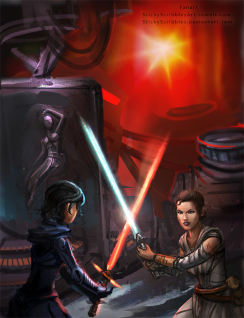 Previous Illustration:http://stickyscribbles.deviantart.com/art/Kylo-Ren-Gender-Bender-607400735Kylo battles Rey .  Rey is shown carbon frozen at the left, after losing and being tricked by Kylo. Now Rey is trophy O_o. Tyler Kojen’s Fan Art Request.