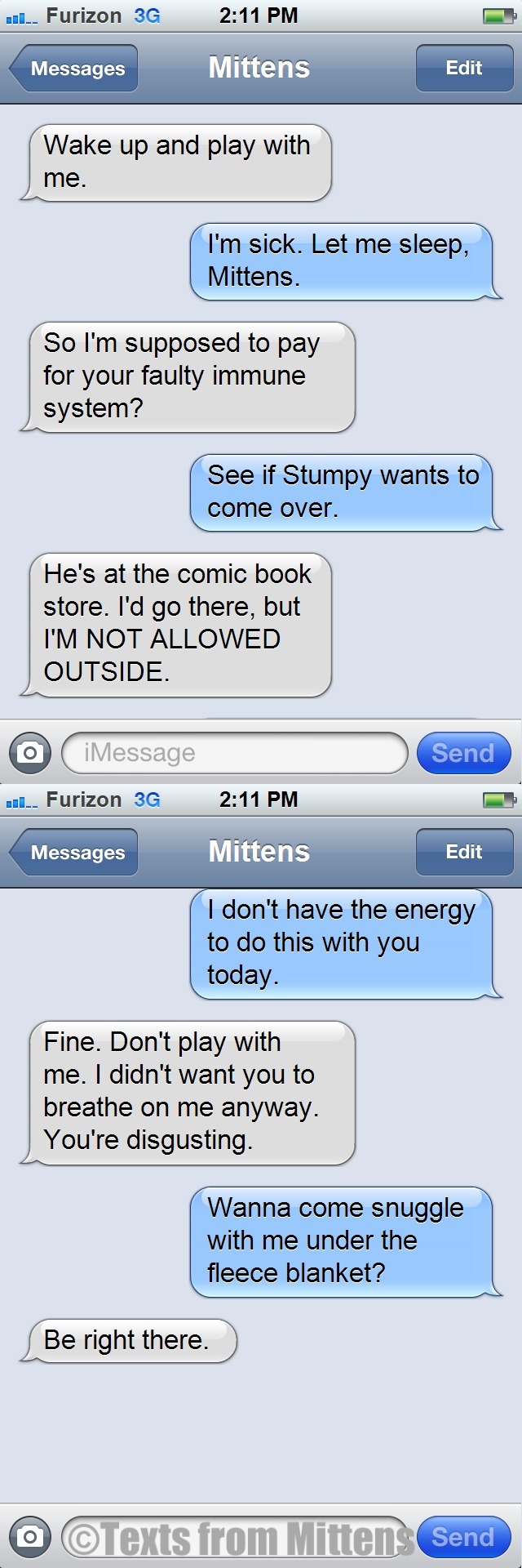 defnotyouraveragewoman:  textsfrommittens:  NEW daily Texts from Mittens: The Sick