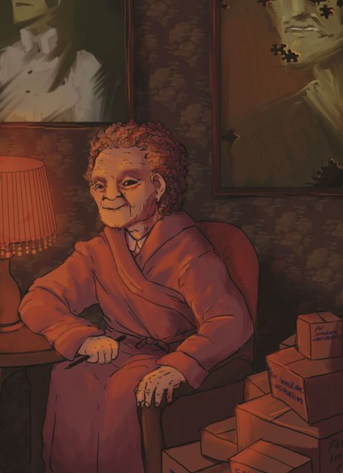 eliasdouchard:[ID: A colored digital drawing of an elderly white woman with curly hair, sitting in a