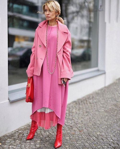 Gitta Banko wearing a total Agnona look, red ankle sock boots by Fendi and gold Round Metal sunglass