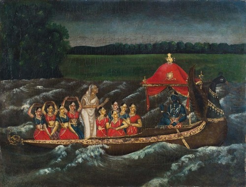 Krishna and the gopis on a boat, accompanied by an elderly lady, Bengali art School