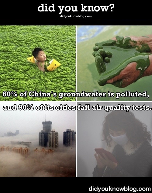 did-you-kno:  This Is How Bad China’s Pollution Has Become {PHOTOS}1/3 of China’s water resources are groundwater-based, but only 3% of all urban groundwater can be classified as “clean.” China also produces ¼ of the entire world’s