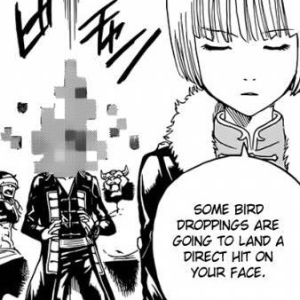 iwazu:tbh my absolutely favourite peek from the Gintama manga is when the mangaka was so fed up with coming up with a new character design for a minor villain that he just  came up with ways of hiding his face in every panel he appears he’s not even