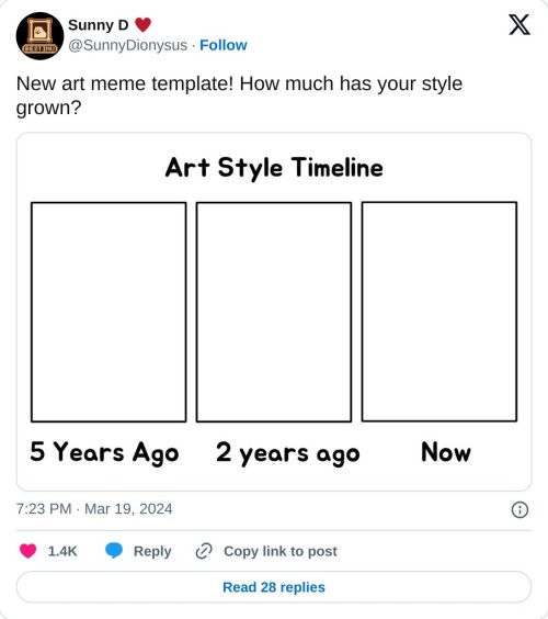 New art meme template! How much has your style grown? pic.twitter.com/tDszAkrjaw  — Sunny D ♥️ (@SunnyDionysus) March 19, 2024