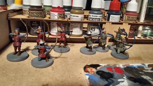 Tonight&rsquo;s progress on my ashigaru bowmen; basecoated and shaded. A few quick highlights and th