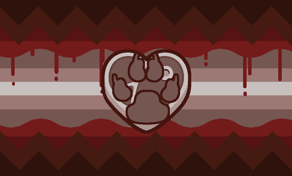 colors in this order starting from the top and reflected after the last listed color: dark red, a more desaturated dark, crimson, red, pale brown, a light pinkish brown, and off white. in the center of the flag is a heart shaped piece of meat with light brown flesh, and inside that is a light brown paw with a red outline.