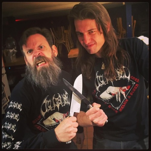 Bearded wizard Blake and #perogi #wizard Joel model the newest/hottest matching @occultburial wear i