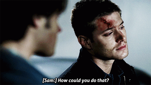 wincesthappened:  yaelstiel:  What breaks me the most here, is the way Dean closes his eyes when he asks ‘don’t get mad at me’ , and then he looks at Sam, and he’s vulnerable like he’s never been in his life, and he begs ‘don’t you do