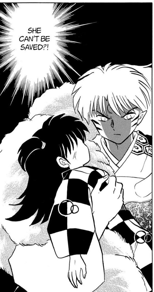 Sesshomaru's gloomy, angry face as he holds Rin tight. His thoughts again: "She can't be saved?!"