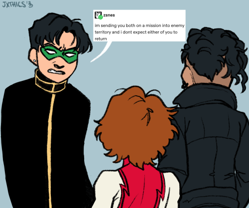 a drawing of all three of them, with bart and conner's backs to the camera. tim is gritting his teeth in anger as he says: "im sending you both on a mission into enemy territory and i dont expect either of you to return."