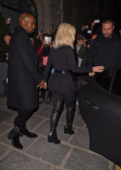 kimkardashianfashionstyle:March 8, 2015 - Kim Kardashian &amp; Kanye West leaving their hotel in Paris.   
