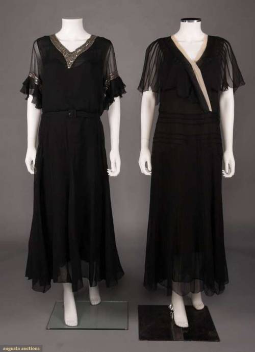 TWO BLACK CHIFFON EVENING GOWNS, 1930s2 early 1930s black chiffon evening dresses: 1 w/ crystal bead