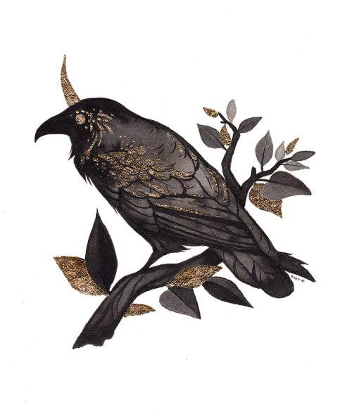 kamccafferty:Raven Junicorn today.India ink & gold leaf on hot press, 5x7″