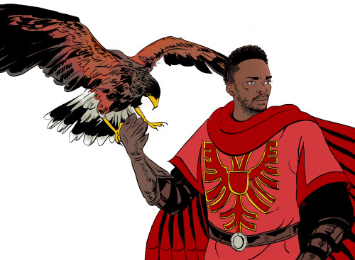 kissingcullens:[image: Sam Wilson, wearing a red tunic emblazoned with a medieval winged coat-of-arm