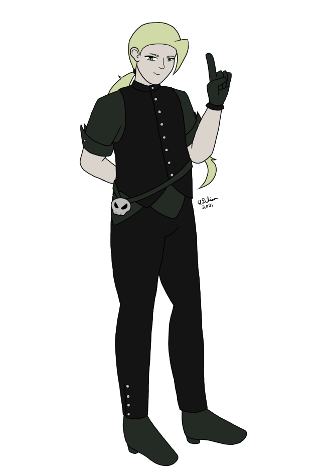 Digital fullbody drawing of chubby nb person with pale skin, thin blond ponytail, black and dark green outfit, dress shirt, vest, pants, gloves, boots, holding up finger condescendingly