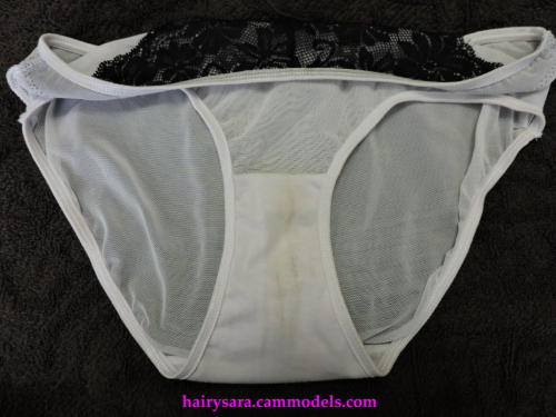 hirsutesara:This is the way I leave my panties after my webcam show :)  They should smell great!