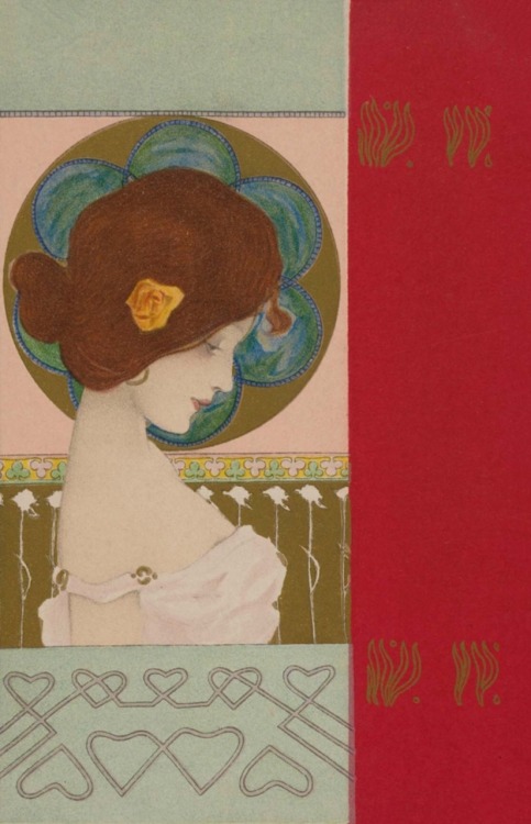 Vintage post cards.1901. Girls face with red border. Color lithograph with metallic pigment on card 
