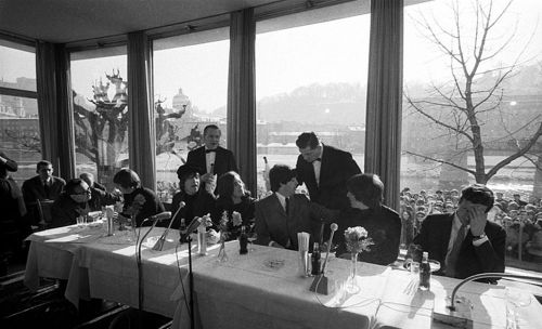 Photos of The Beatles during a press conference in Salzburg, Austria in March 1965 to continue filmi