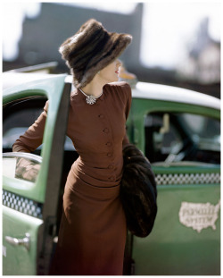 the&ndash;retro&ndash;housewife:    Exiting a taxi, a lovely model epitomizes urban chic in this Constantin Joffé photograph, which appeared in VOGUE ~ November 1, 1945.  