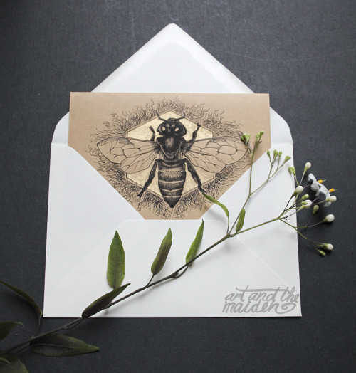 New bee and moth cards, all hand-painted with gold ink<3. You can find them on my Etsy