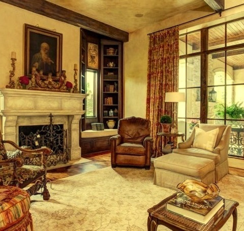 Library - Traditional Living Room Example Of A Large Classic Open Concept Dark Wood Floor And Brown Floor