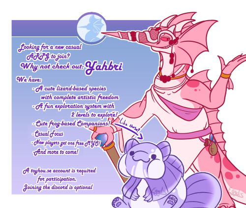 A pink lizard and a blue frog-like creature stand in front of a banner that is a blue-purple gradient. The banner has a purple header, with a lizard-like emblem on top of it.   The banner reads:  "Looking for a new casual ARPG to join? Why not check out Yahbri.  We have:  - A cute lizard-based species with complete artistic freedom - A fun exploration system with 2 levels to explore! - Cute frog-based companions (An arrow points at the frog-like creature) Like these! - Casual focus - New players get one free MYO! - And more to come!  A toyhou.se account is required for participation, joining the discord is optional"