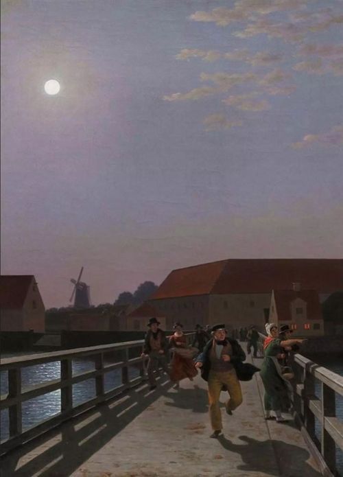 Langebro in moonlight with running figures  -    C.W. Eckersberg , 1836,Danish, 1783-1853 oil on can