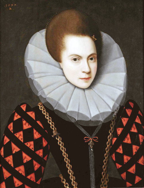 Portrait of a lady in a black and red Spanish dress, and white ruff, with a sword-shaped hairpin and