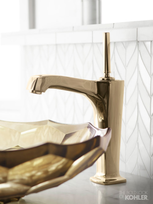 The simple lines and slender lever on this Margaux faucet allow the mosaic backdrop to shine. Get in