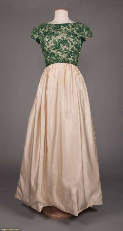 MALCOLM STARR BEADED EVENING GOWN, 1960sSleeveless 1960s evening gown with green floral lace on net 