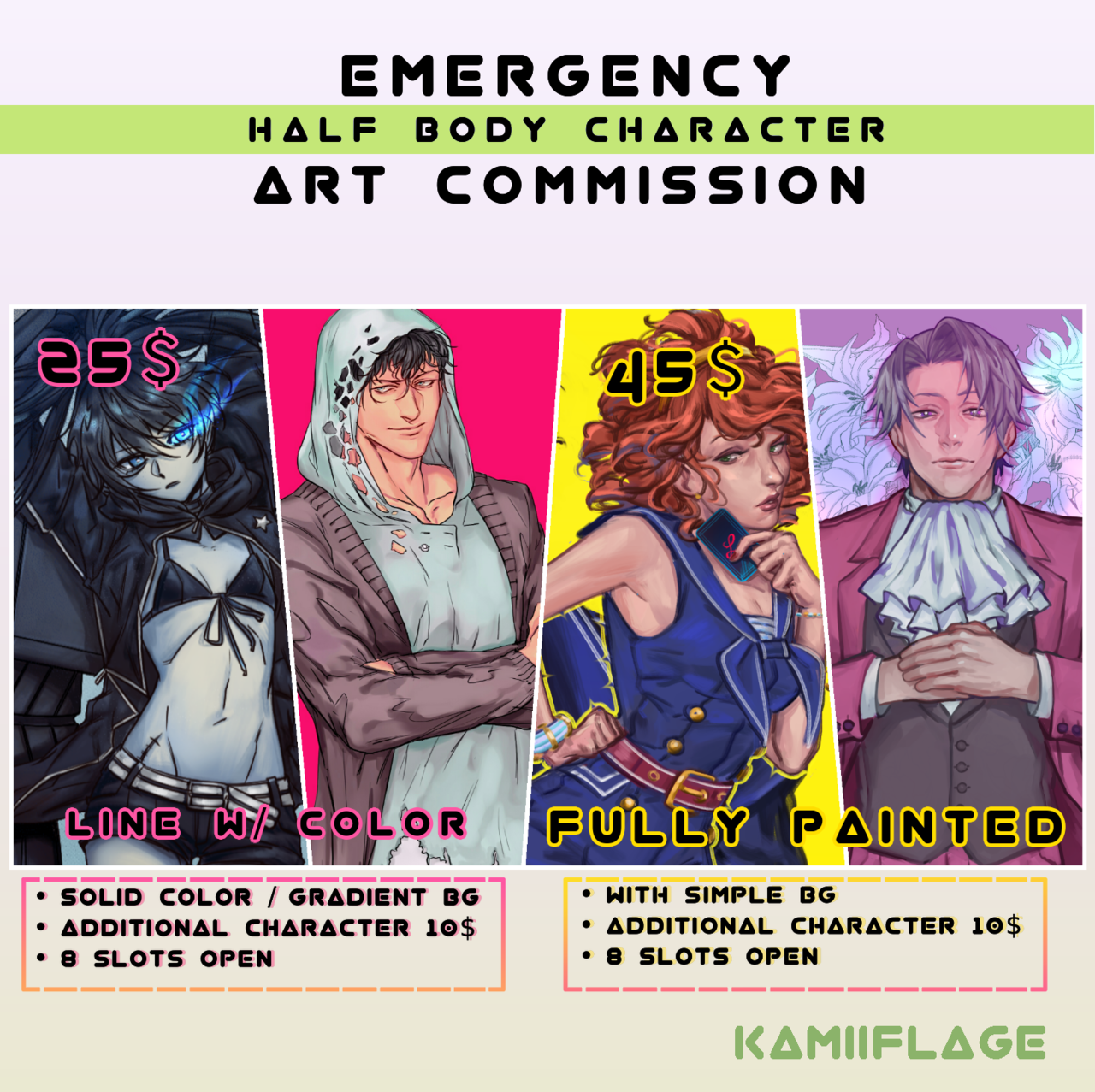 kamii-flage: Guys I’m opening art commission and they’re 8 slots each. (16 slots