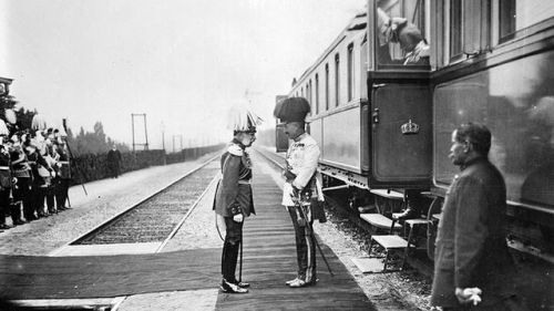 Emperor Franz Joseph of Austria-Hungary meeting with German Emperor Wilhelm II. Both Empires were pa