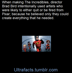 ultrafacts:  Brad Bird told The McKinsey Quarterly in 2008, “The Incredibles was everything that computer-generated animation had trouble doing. It had human characters. It had hair. It had fire. It had a massive number of sets. The technical team took