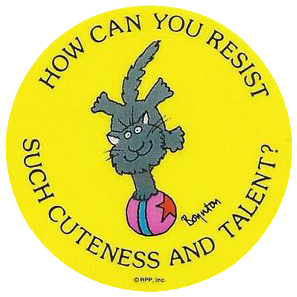 Sticker featuring a fluffy grey cat balancing one-handed on a ball, with the the words “How ca