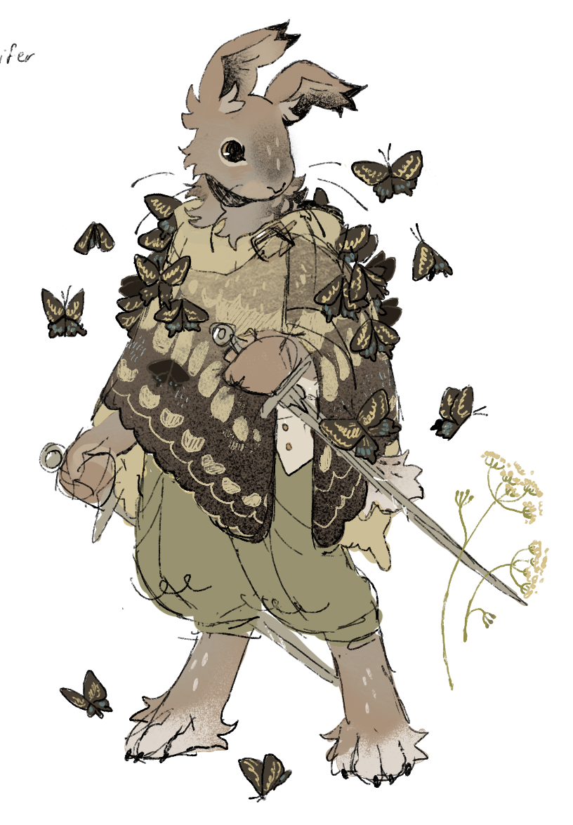 A digital drawing of the same rabbit character as the image in the original post, but this time it is swarmed by swallowtail butterflies instead of white moths. Additionally, it is wearing a cloak that matches the wing pattern of the swallowtail butterflies, and it is holding two shortswords. Beside it to the right there is a line doodle of fennel flowers.